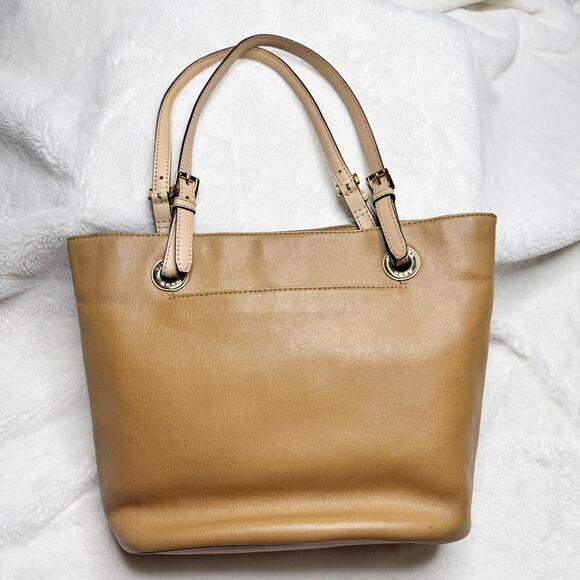 MICHAEL KORS Jet Set Camel Tan Leather Medium Tote Double Strap Bucket Handbag - Picture 2 of 16